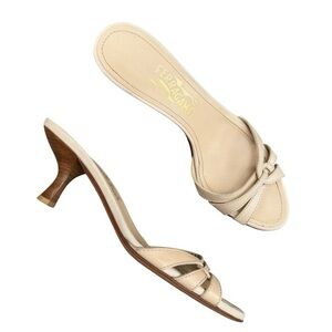 Salvatore Ferragamo | Open-Toed Mules Kitten Heel Sandals in Cream | Size: 8